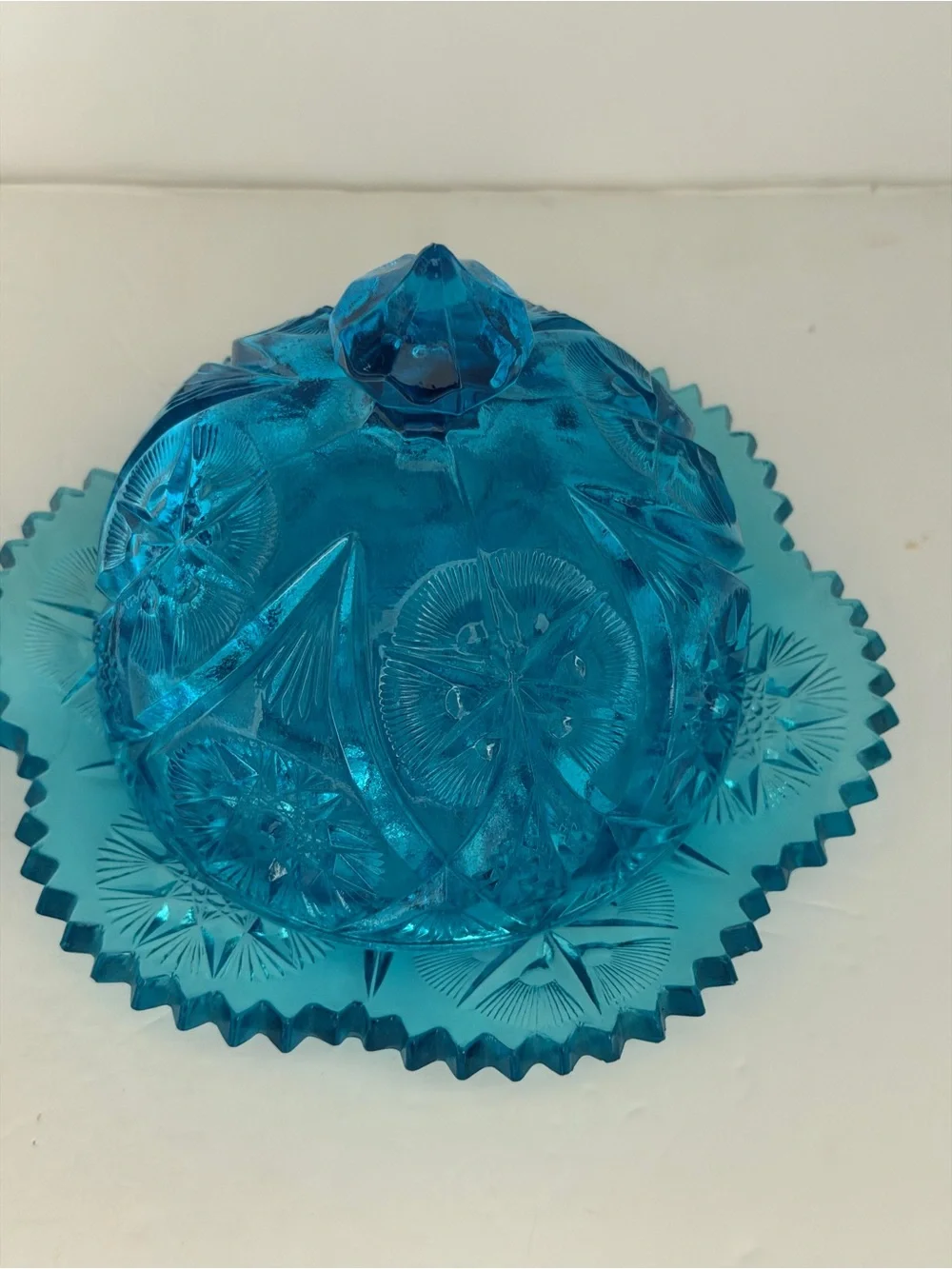 Bright Blue Pressed Glass Covered Cheese Dish